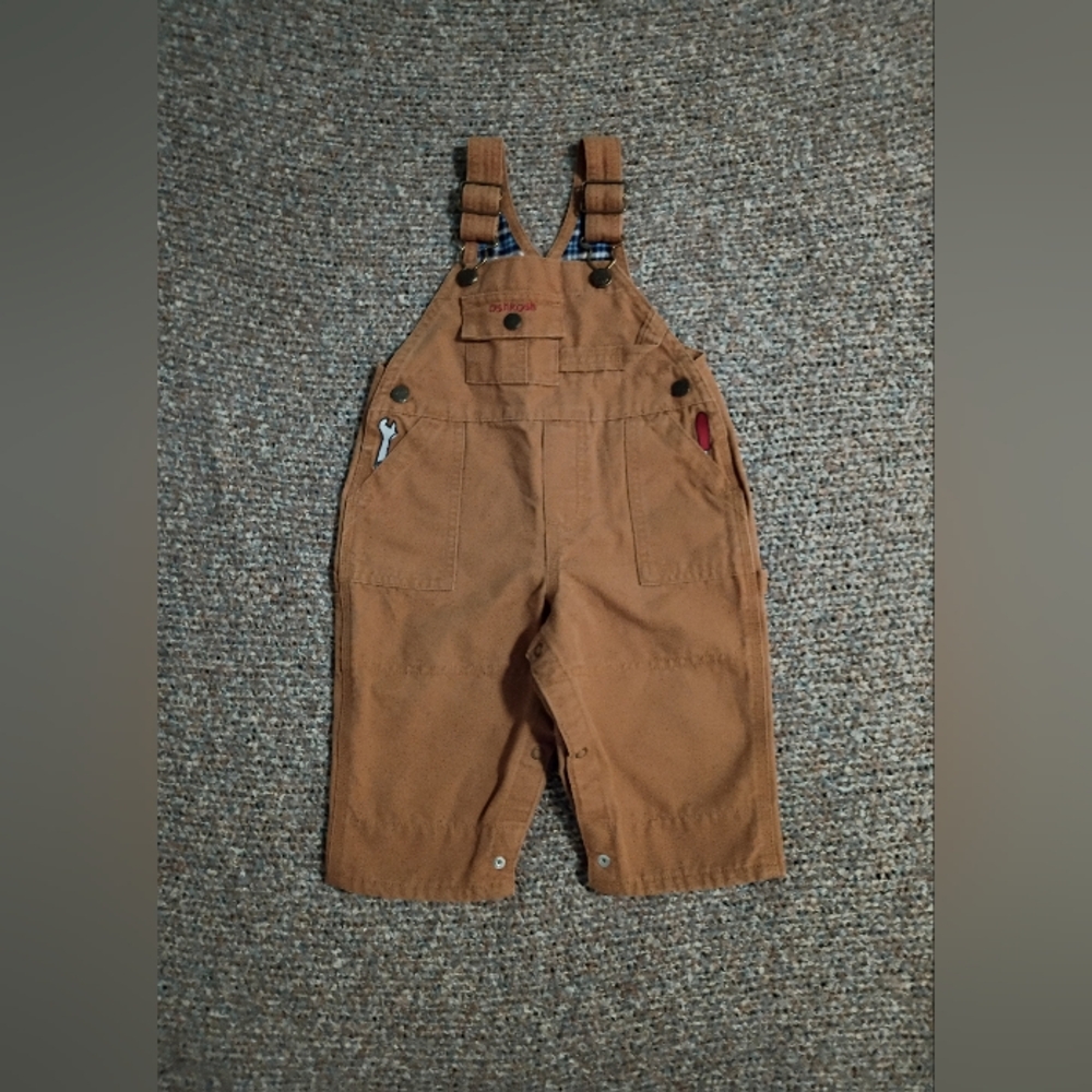 Vintage OshKosh B'gosh Brown Kids Overalls With Embroidered Tools Design EUC 6-9